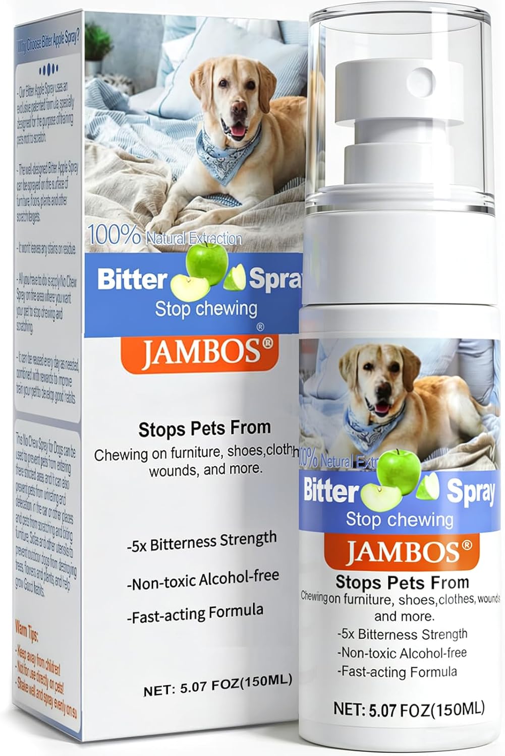 Applying JAMBOS Dog Repellent Spray on a sofa to protect from pet scratches
