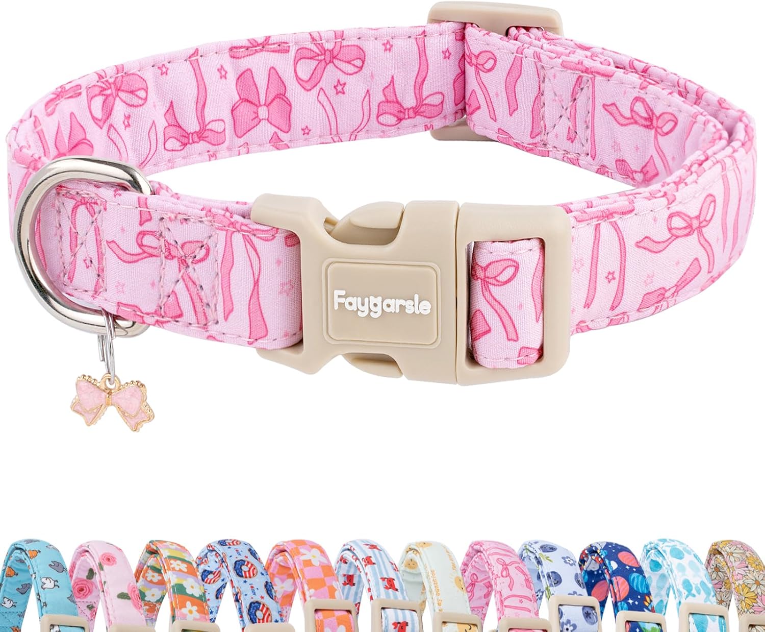 Installing Faygarsle Pink Bow Cotton Adjustable Dog Collar on a wooden desk