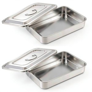 2 Pcs Medical Tray with Lid 201 Stainless Steel Dental Instruments Tray Organizer Holder Sterilized Metal Box with Lid and Handle Grip for Medical Surgical Dental Instruments (12 Inch)-0
