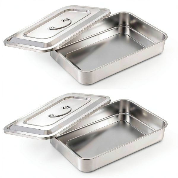 2 Pcs Medical Tray with Lid 201 Stainless Steel Dental Instruments Tray Organizer Holder Sterilized Metal Box with Lid and Handle Grip for Medical Surgical Dental Instruments (12 Inch)-0
